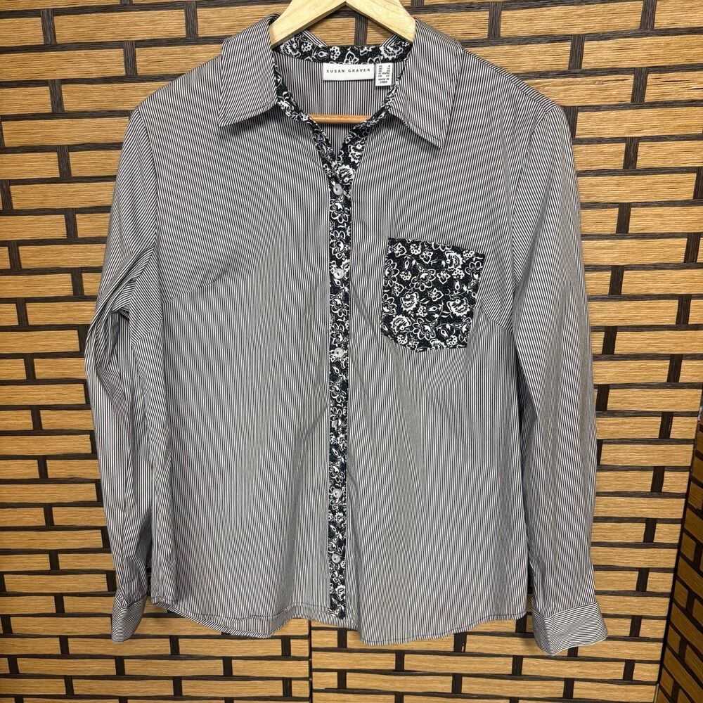 Susan Graver Black And White Button Down Shirt Size 8